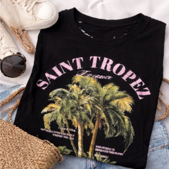 Tops - Black Graphic Tee with Palm Print